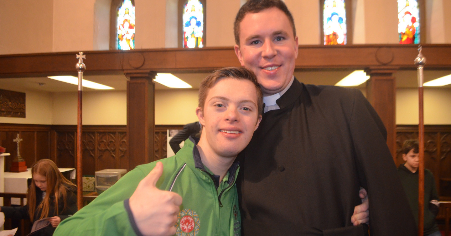 Team Ireland Special Olympian Lee Mitchell with the Rev Sean Hanily, curate in Drumragh with Mountfield.