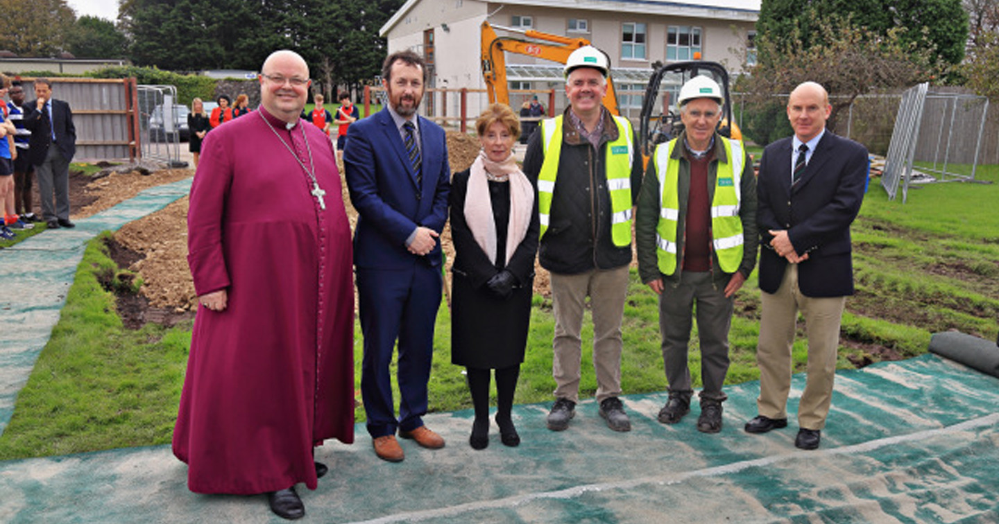 Mrs Maura Lee West (centre) on the site of the new Trevor West Sports Complex with the Bishop, the Principal, representatives of C Field Construction, and Mr Ken McIlreavy, Chairperson, Midleton College Boards.