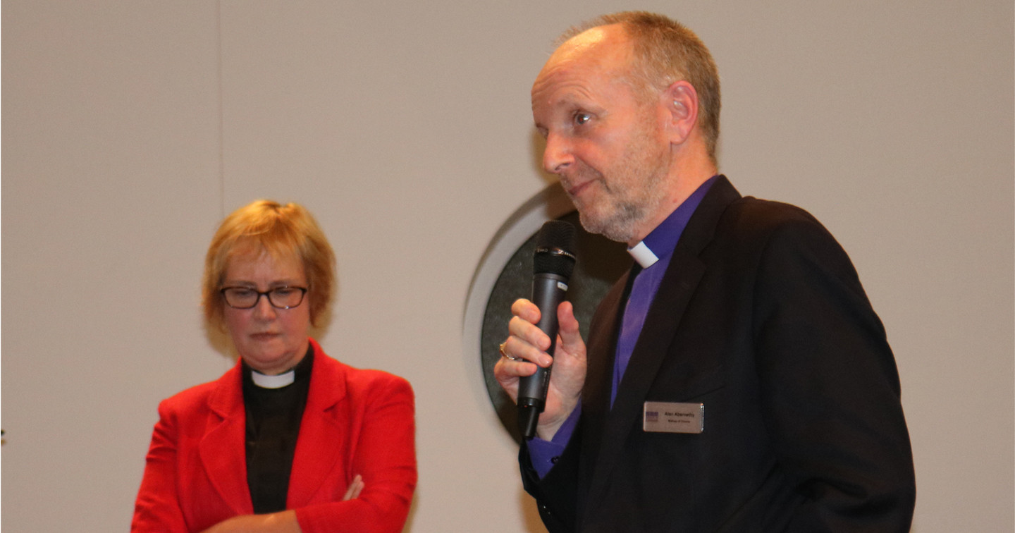 The Rev Dr Heather Morris, who delivered a key-note address at Connor Synod, takes part in a question and answer session with the Bishop of Connor, the Rt Rev Alan Abernethy. 