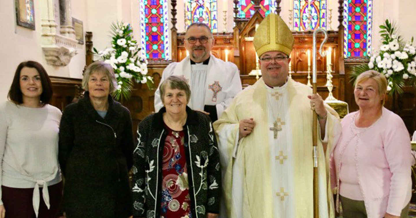 Following the Service, with the Rector and the Bishop, were (left to right) Lorna O’Donovan, Judith Payne, Mary Draper, and Mary Levis.