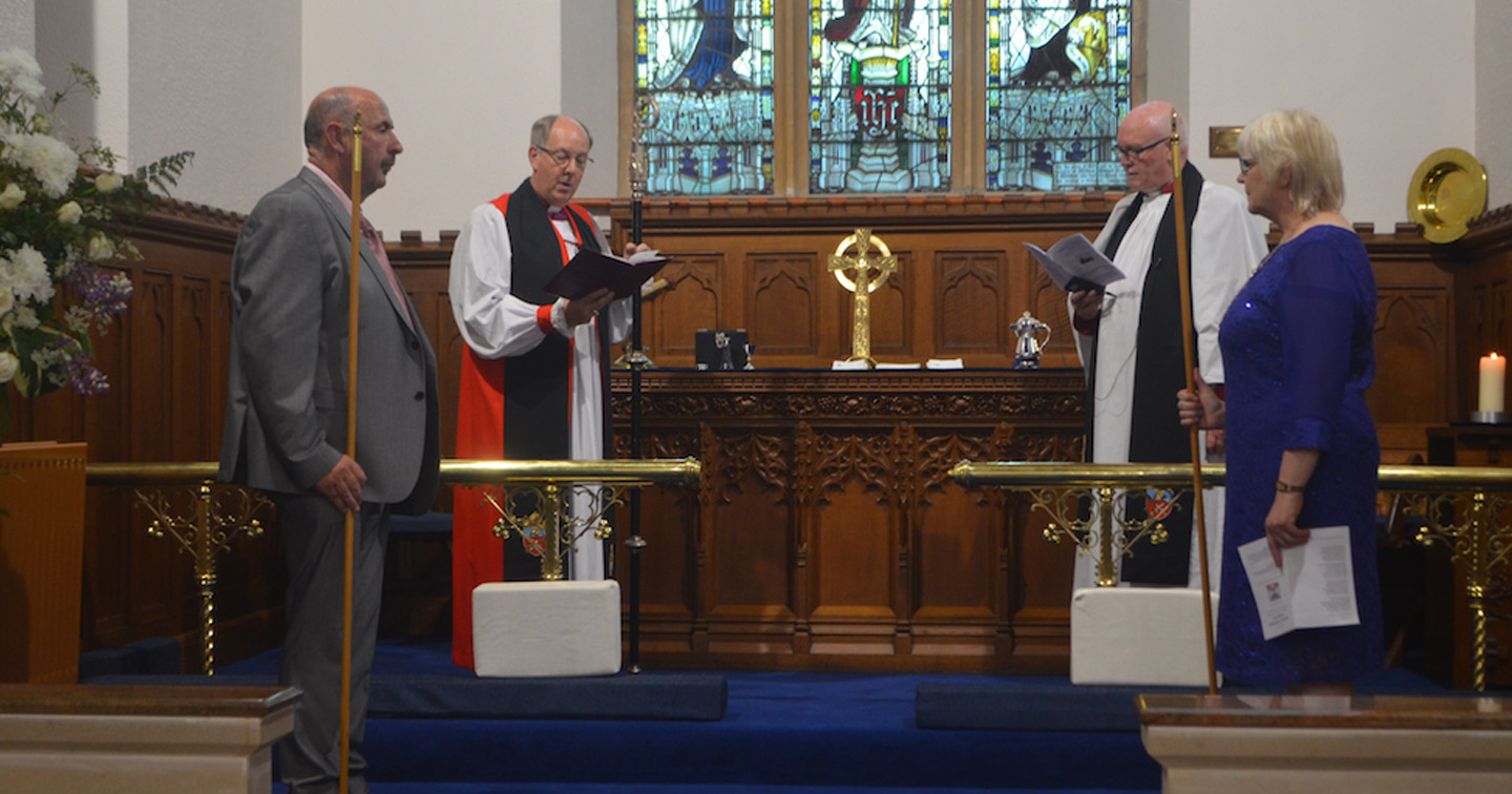 Ernest Moore (People’s Glebewarden), Bishop Ken Good, the Rev Canon Paul Hoey and Elaine Way (Rector’s Churchwarden) at the re-dedication of St Canice's (Faughanvale).