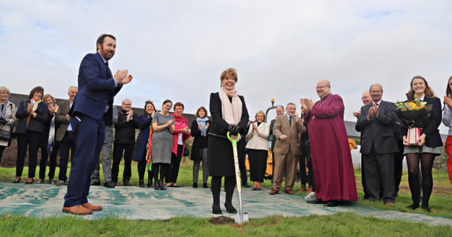 Mrs Maura Lee West (centre) on the site of the new Trevor West Sports Complex with the Bishop, the Principal, representatives of C Field Construction, and Mr Ken McIlreavy, Chairperson, Midleton College Boards.