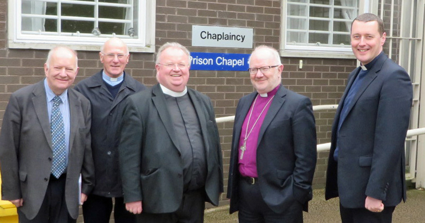 Chaplains at HMP Maghaberry (left to right) the Revd Leslie Spence, Canon Jim Harron and Canon Robert Howard, with Archbishop Richard Clarke and Canon Shane Forster.