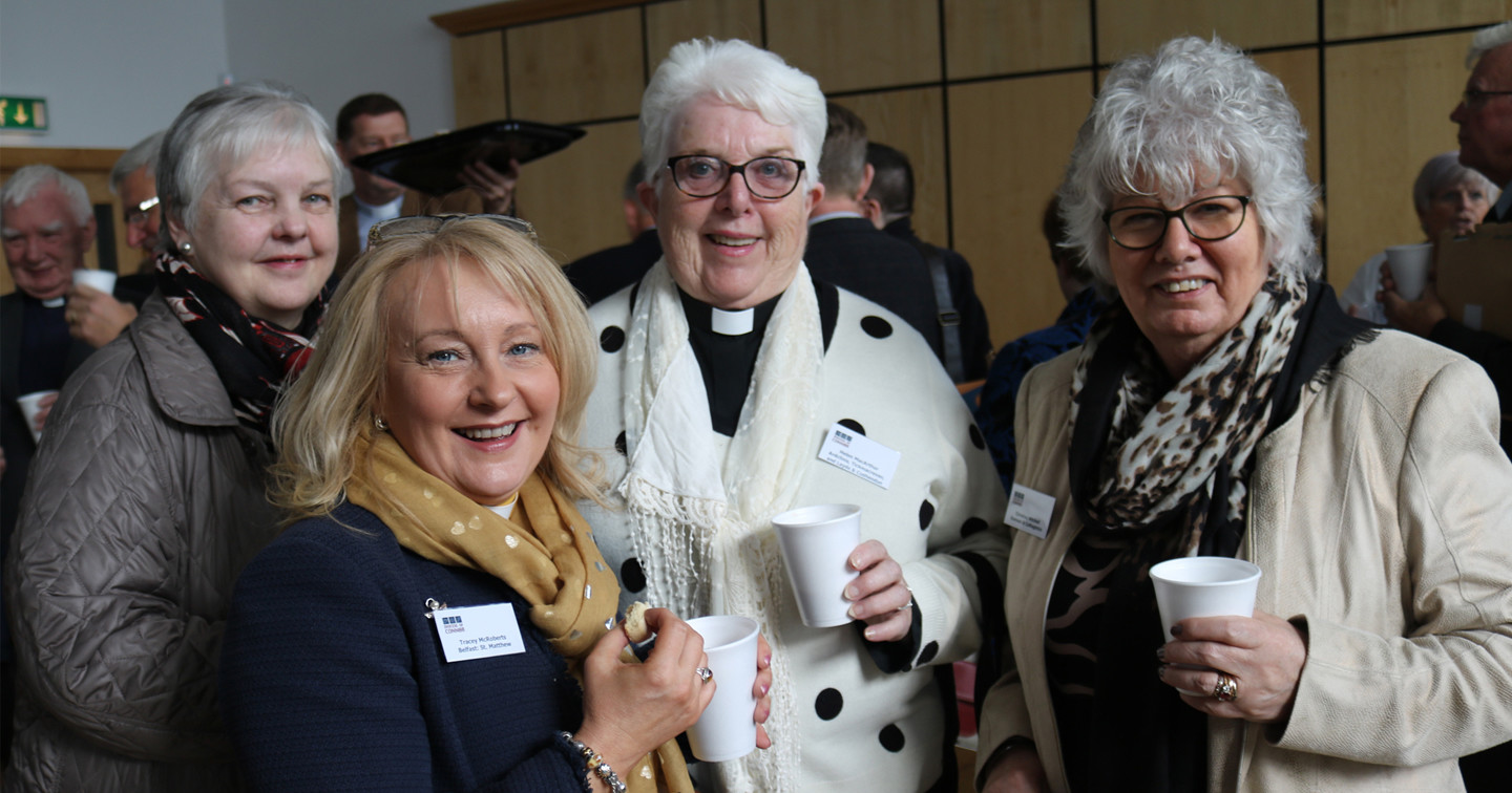 Enjoying the coffee break at Connor Synod are, from left:  Jean Pullas, the Rev Tracey McRoberts, the Rev Helen MacArthur and Christine Mitchell.