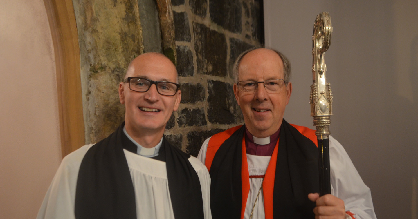 The new Rector of Camus–Juxta–Bann, the Rev Paul Lyons, with the Bishop of Derry and Raphoe, the Rt Rev Ken Good, outside St Mary’s Church in Macosquin.