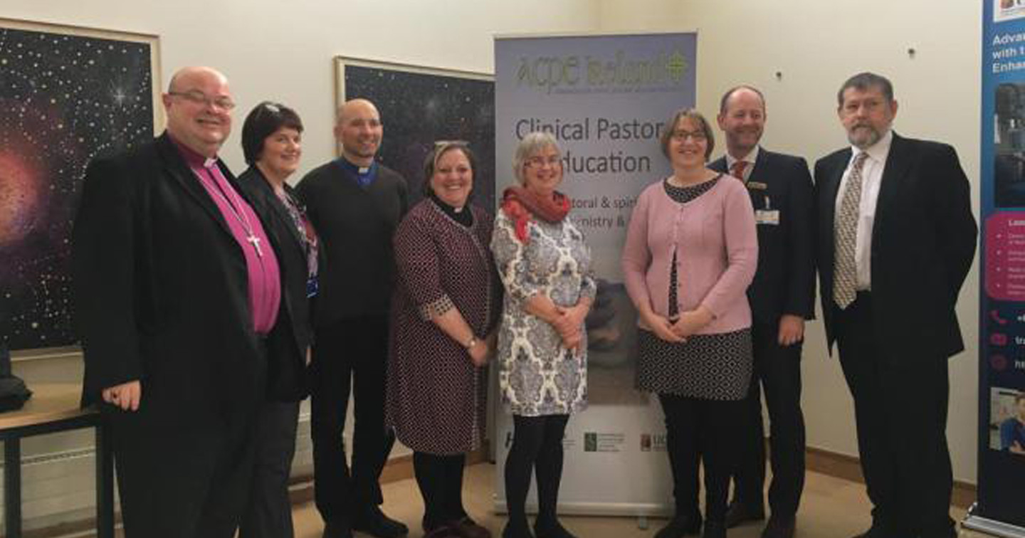 At the CPE Graduation were (left to right): Bishop Paul Colton, Veronica Deane (Cork University Hospital), the Rev. Kingsley Sutton (Rector of Kilgariffe), the Rev. Elaine Murray (Rector of Carrigaline), Hilary Dring, Sylvia Helen, Canon Daniel Nuzum, and the Rev. Bruce Pierce.