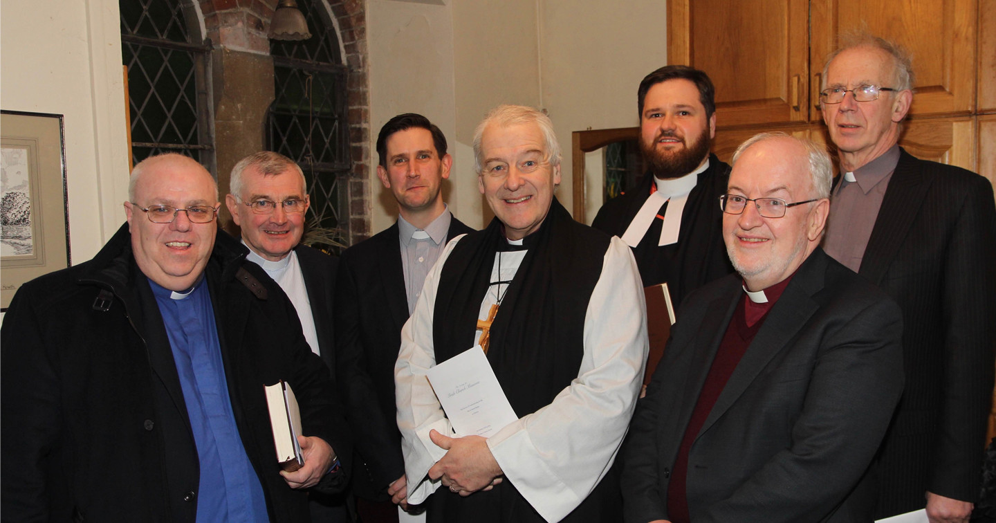 The Revd Eddie Coulter (preacher), Canon Brian Courtney (ICM trustee), the Revd David Martin (director of ICM), Archbishop Michael Jackson, the Revd Stephen Farrell (registrar), Bishop Wallace Benn (chairman of the board of trustees of ICM) and Canon Kevin Brew (Rector of Howth).