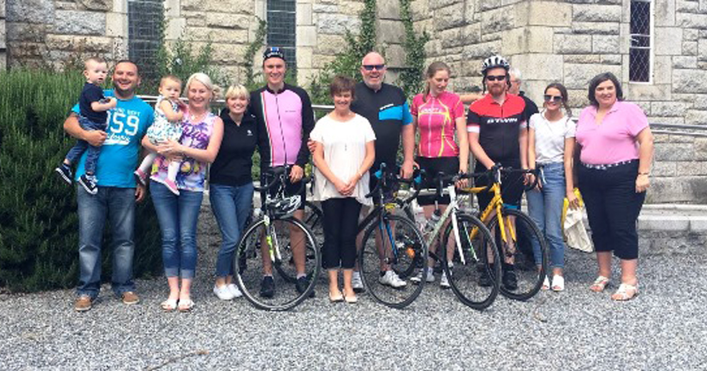 Left to right: Andrew Campbell (Jessica’s dad) holding Harry Moffett, Tina Campbell (Jessica’s mum) holding Sophie Campbell , Laura Green (support vehicle), Joe Green (cyclist), Linda Green (support vehicle), Revd Adrian Green (cyclist), Revd Lucy Burden (cyclist), Aaron Boyce (cyclist), Hollyanne Boyce (support vehicle), Revd Gillian Wharton (Rector of Mount Merrion Parish, Dublin).