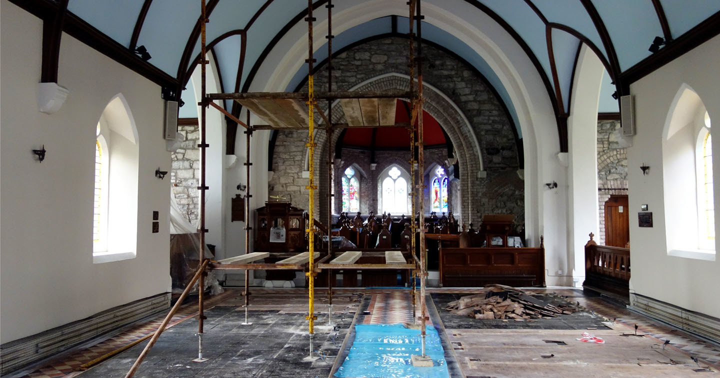 Work going on in the interior of the Priory Church.
