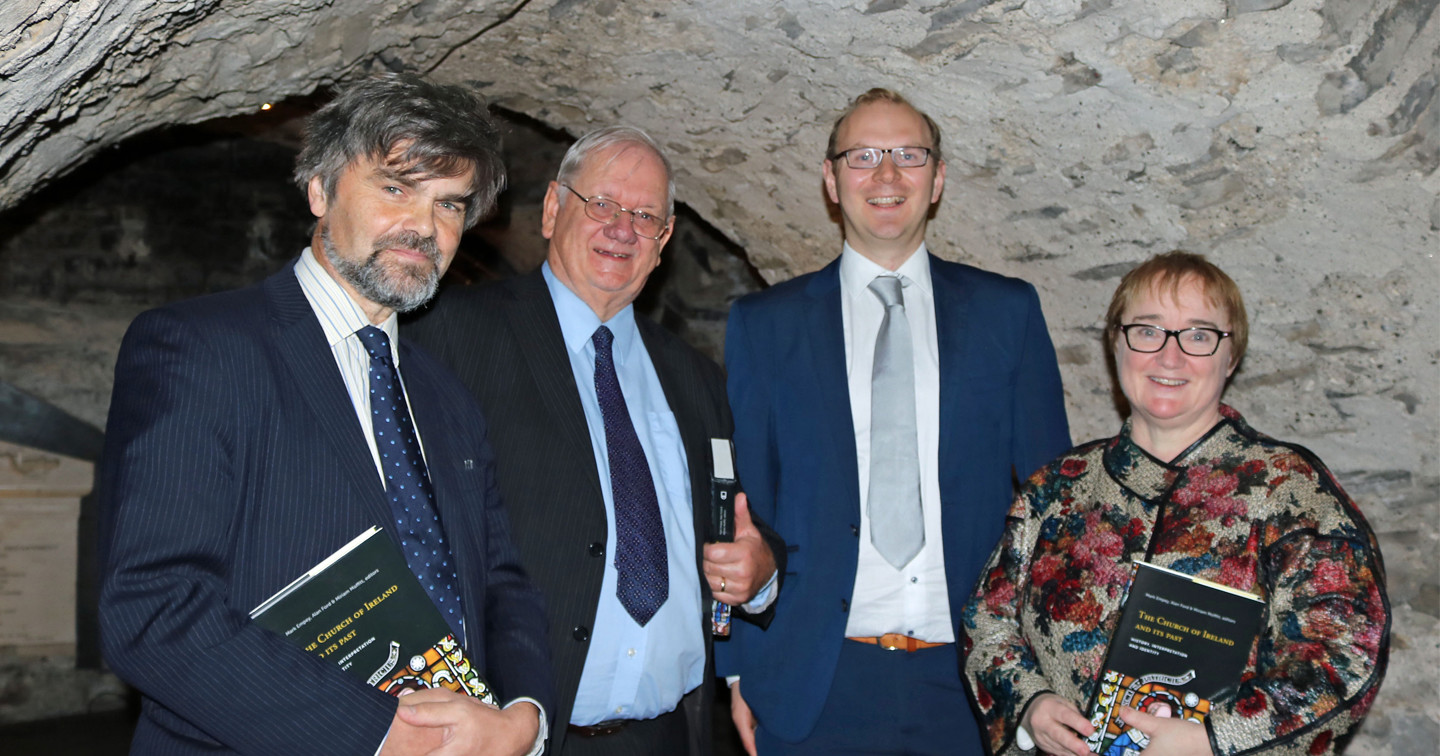 Left to right: Prof Alan Ford, Prof John Morrill, Dr Mark Empey and Dr Miriam Moffitt in the crypt at the launch of ‘The Church of Ireland and its past: history, interpretation and identity’ – editors of the new book with Prof Morrill (Selwyn College, Cambridge) who launched the book following the first day of the Reformation 500 conference.