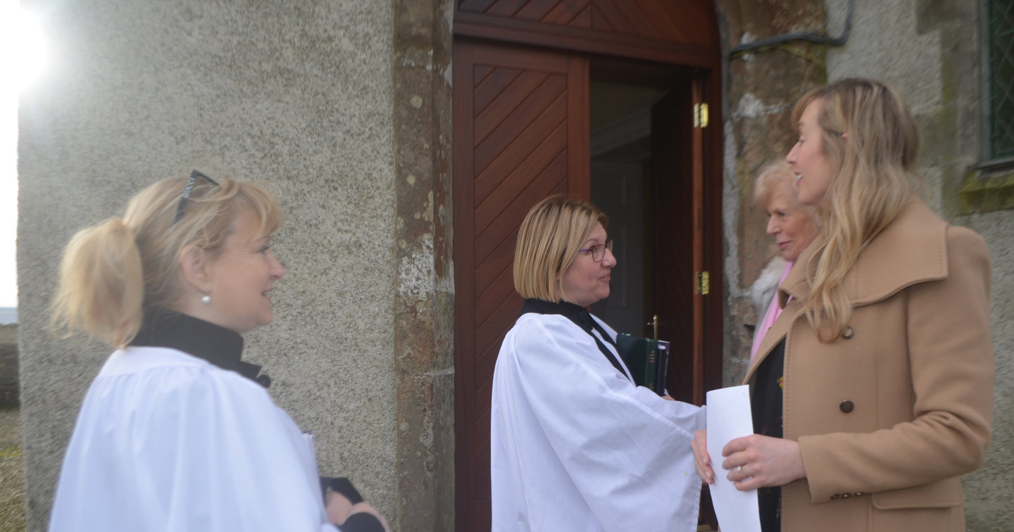Left to right: Parish reader Valerie McKinley and Rev Suzanne Cousins greet parishioners Mary and Tracey Kerrigan after Sunday morning's Service of Morning Prayer in St Finian's Church, Greencastle.