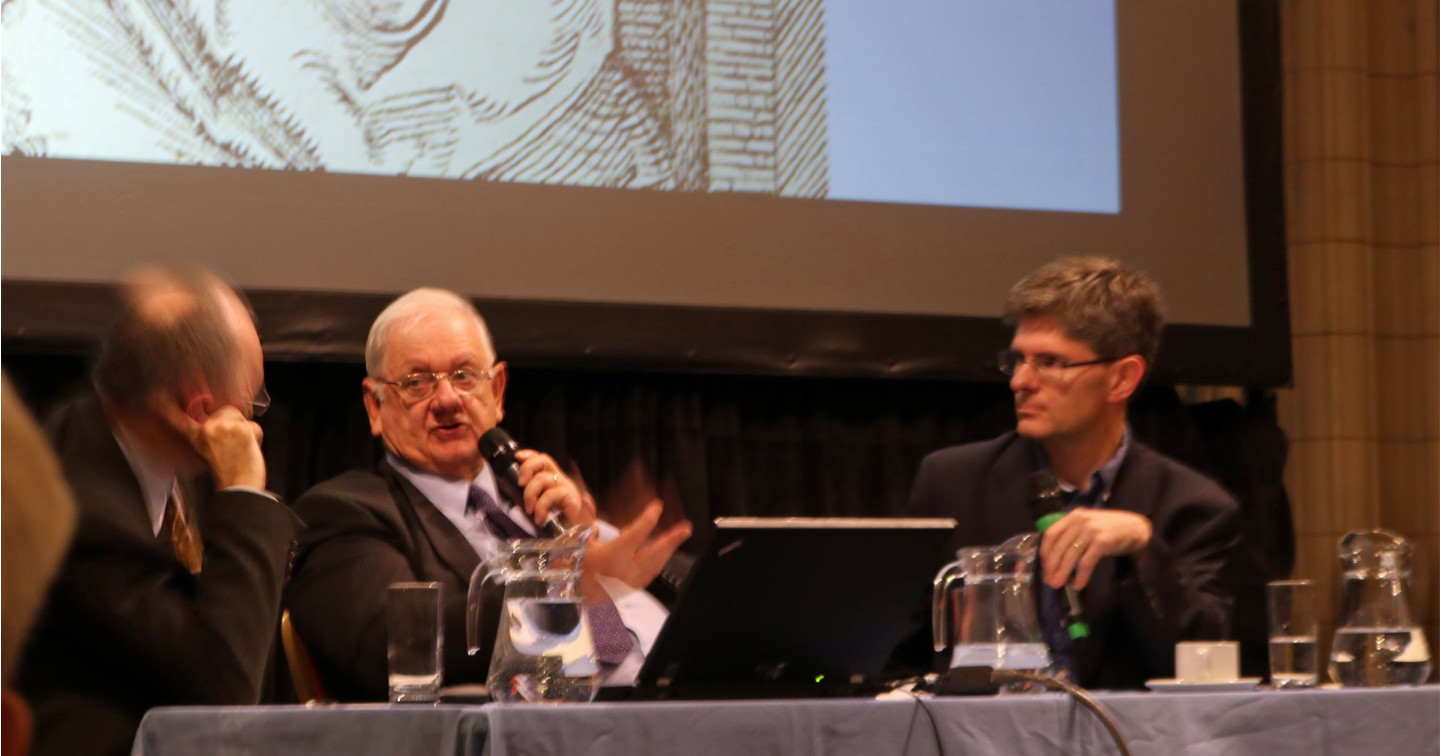 Professor John Morrill (centre) chairs the second session of the Reformation 500 conference with keynote speakers, Professor Peter Marshall (left) and Professor Alec Ryrie (right).