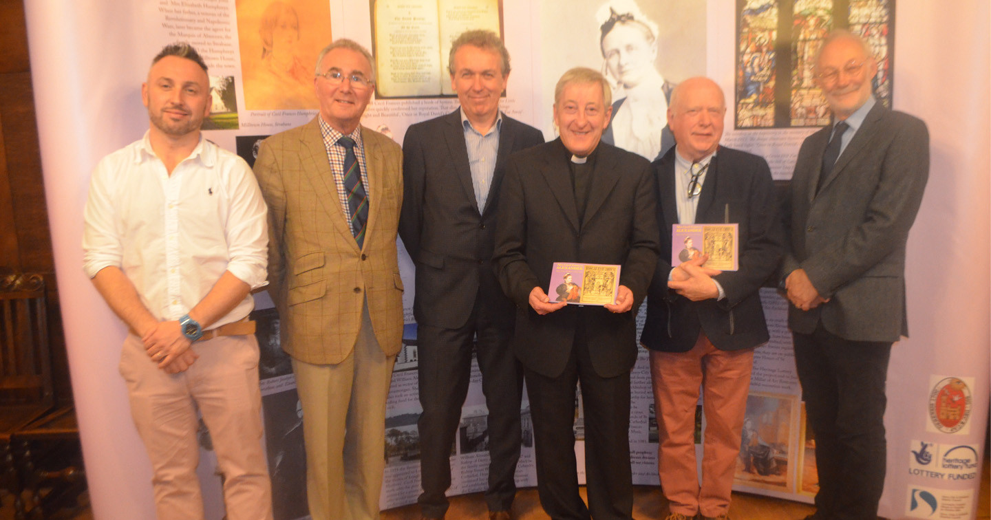 The Dean of Derry, the Very Rev Raymond Stewart, with guests at the launch of the Mrs Cecil Frances Alexander Exhibition at St Columb's Cathedral. Left to right: Trevor Millar, Richard Doherty, Paul Mullan, Dean Stewart, Jim Mullin, and Tim Webster.