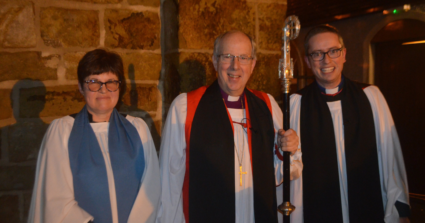 Parish reader Nuala Dudley, Bishop Ken Good and Archdeacon David Huss at the Service of Thanksgiving and Re–dedication in Donegal Parish Church.