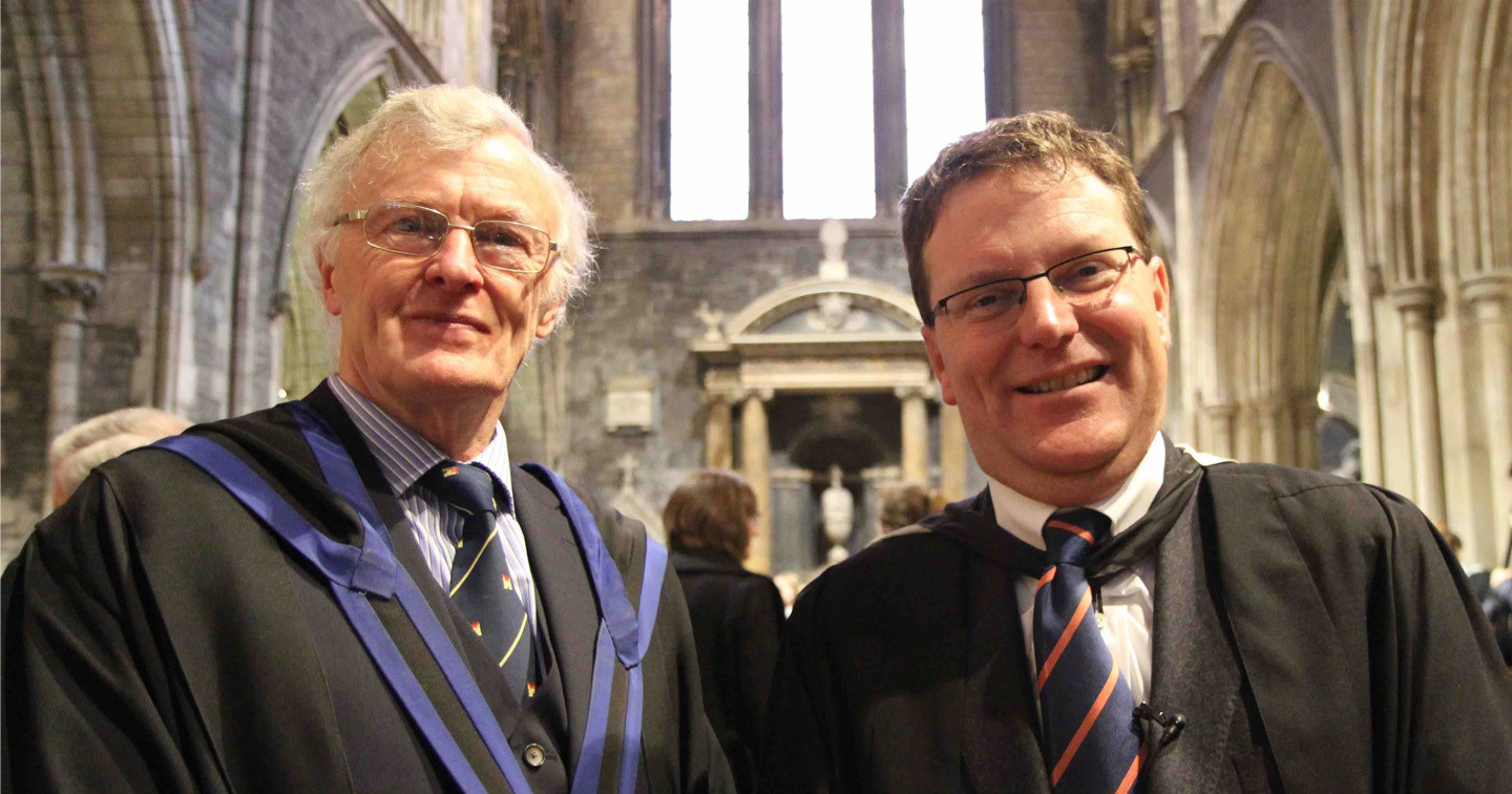 Former deputy headmaster of the King's Hospital, Glascott Symes, who gave the address and the new headmaster, Mark Ronan, at the service marking the school's 350th anniversary.
