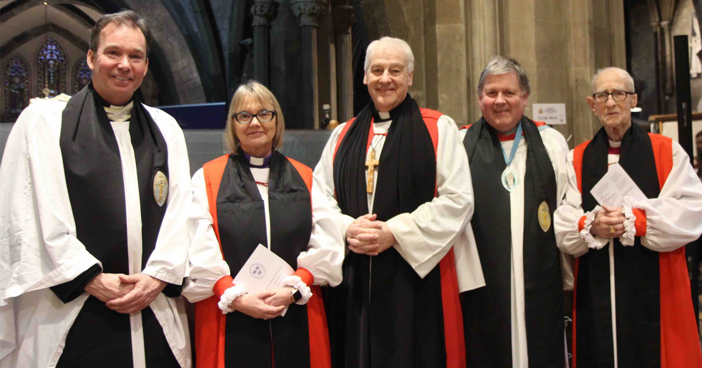 Canon Peter Campion, Bishop Pat Storey, Archbishop Michael Jackson, Dean William Morton and Bishop Roy Warke at the 350th anniversary service of the King's Hospital School in St Patrick's Cathedral.