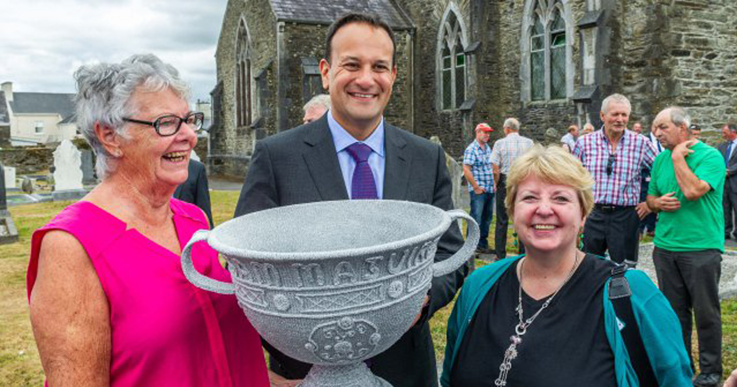 An Taoiseach was shown a knitted version of the Sam Maguire Cup, made by local ladies. Photo: Andy Gibson.