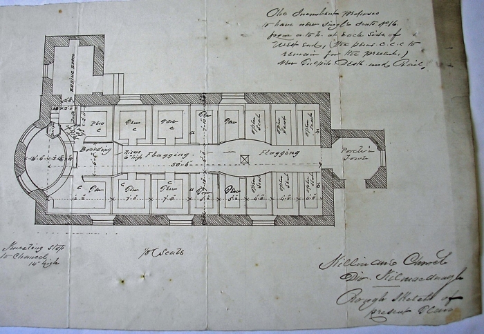 Ground floor plan of the Killinane parish church showing old box pew layout. RCB Library Architectural Drawings Portfolio 19.