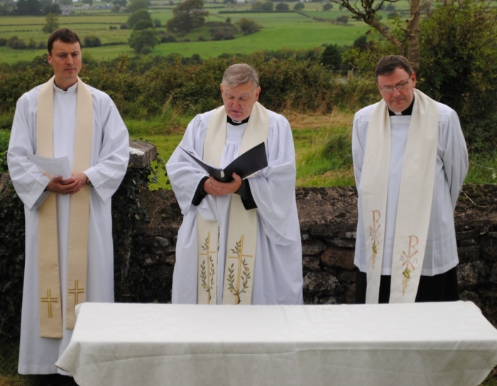 Killinane Graveyard Re-dedication Service, 2015. (L-R), Revd John Godfrey, Rector of Aughrim Union, the Venerable Wayne Carney, Archdeacon, and Revd Fr. Joseph Roche, Parish Priest of Kilchreest.