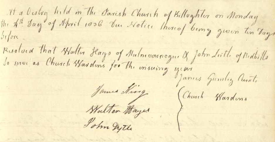 Appointment of Walter Hays / Hayes of Mulnavarnogue [Mullanavarnoge] and John Little / Lyttle of Redhills as churchwardens, April 1836