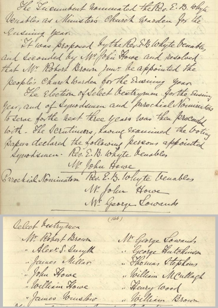The new churchwardens, synodsmen, parochial nominators and select vestrymen as recorded in the minutes of the meeting of Killoughter Vestry, April 1873