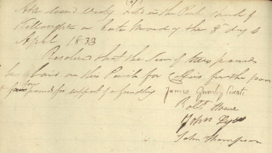 Record of Easter Vestry, April 1833 detailing that, two pounds was to be ‘laid on this parish for coffins for the poor and four pounds for support of a foundling'