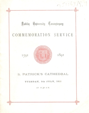 Service sheet of the special service to mark the Tercentenary of Trinity College, Dublin, in 1892 (MS1043/8.1)