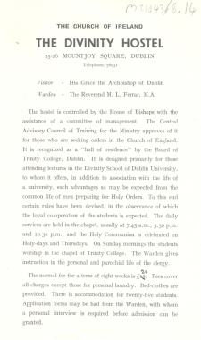 An advertisement leaflet for the Church of Ireland Divinity Hostel, undated (MS1043/8.14)