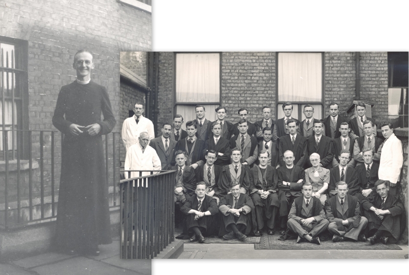 Left: Michael Ferrar pictured outside the Divinity Hostel at Mountjoy Square c.1945 (MS1043/10.4). Right: The students and staff of the Divinity Hostel pictured c.1945 (MS1043/10.4)