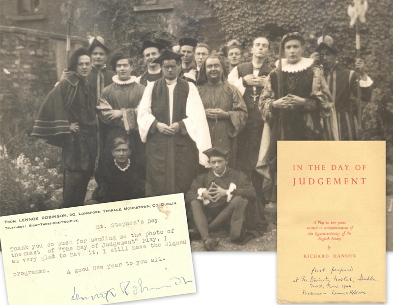 Items, including a photo of the student cast in costume, relating to the first performance of Richard Hansen's “In the Day of Judgement”, a two part play produced by Lennox Robinson of the Abbey Theatre and performed in 1944 (MS1043/10.2). During much of Ferrar's time as warden, there was a student play performed around Christmas time each year.