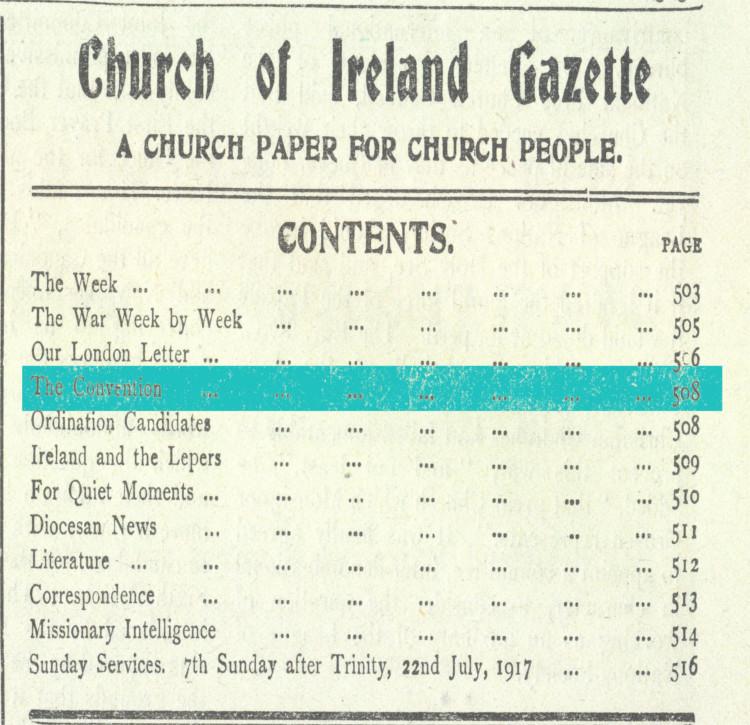 Table of contents for the 27 July 1917 edition of the Church of Ireland Gazette
