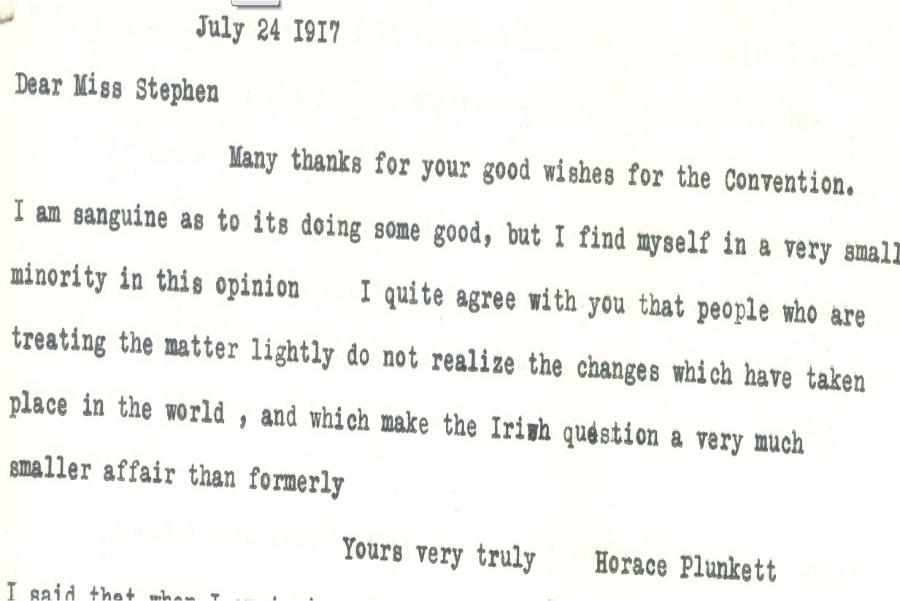 Sir Horace Plunkett, Dublin, to Miss Stephen,  Belfast, 25 July 1917, RCB Library Ms 253/4