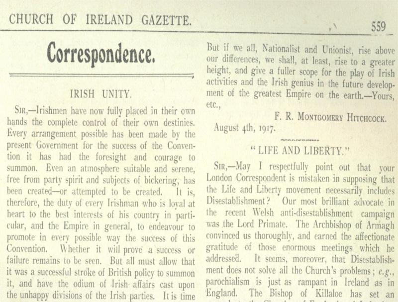 Revd FR Montgomery Hitchcock's letter dated 4 August 1917, as published in the Church of Ireland Gazette, 10 August 1917