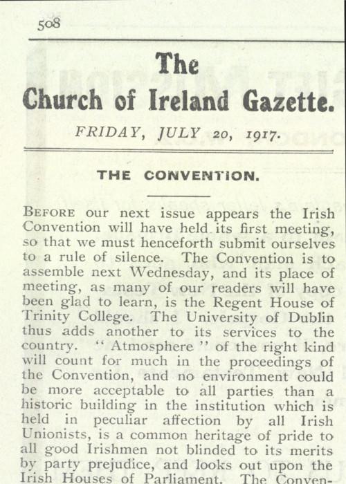 Editorial piece ‘The Convention', for Church of Ireland Gazette, 20 July 1917
