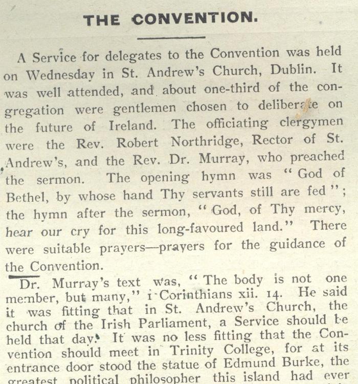 Report of the service held in St Andrew's church on the opening day of the Convention (25 July 1917) as published in the Church of Ireland Gazette, 27 July 1917