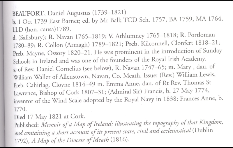 Revd Daniel Augustus Beaufort (1739-1821). Clergyman, architect and cartographer, with copy of his biographical entry from the published clerical succession list: JB Leslie and WJR Wallace, Clergy of Meath and Kildare (Columba Press, 2009) p. 317.