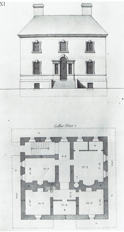 Plate XI from the manuscript of Payne's Twelve designs of country-houses… Note the doorcase treated as a Serliana, windows with shouldered architraves and keystones, plat bands and cornice. The influence of Pearce and Castle is evident in Payne's design.