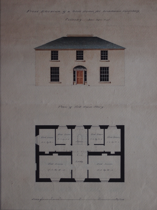 Colloony glebe house, Ballisodare, by John Lynn, 1820. Plain window surrounds, sidelights and fanlight over the door. The plan shows the spine wall chimney arrangement, expressed at roof level by one long stack, an iconic feature of so many glebe houses.
