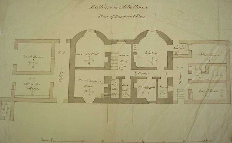 Ballinrobe glebe house, Tuam diocese, Co. Mayo, 1813. The basement plan shows the coach house, stables, turf and potato houses located in the wings, a very sophisticated solution in an urban glebe house setting.