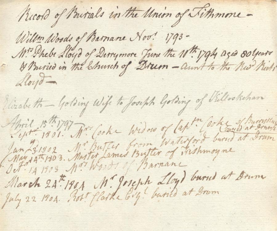 Burial entries for the union of ‘Fithmone' as recorded in the Kilfithmone (Cashel) Vestry Minute Book, RCB Library P1006/5/1