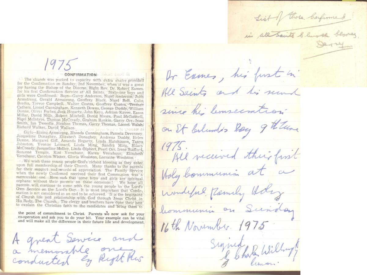 Details from the Clooney (Derry) Confirmation Register, including details of those confirmed by Bishop Eames, with observations by the rector, Revd Canon G. Charles Willoughby, 16 November 1975, RCB Library P1025/11/1.