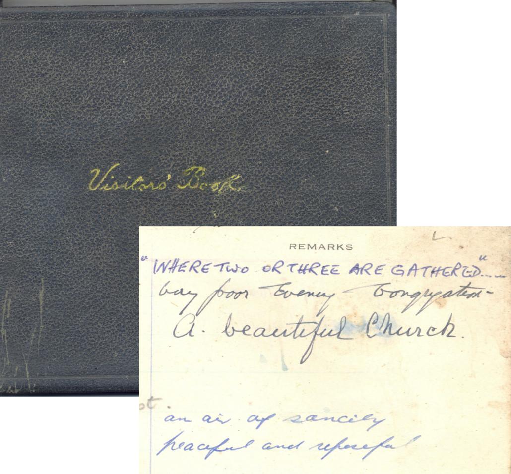 Front cover and detail of comments written in the Visitors Book of Tempol-na-mBoct  church, 1943, in RCB Library P1099/17/1
