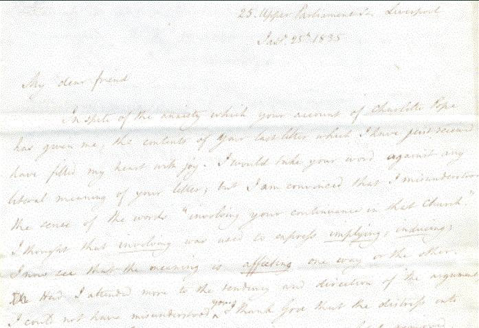 A letter from Blanco White, residing in 25 Upper Parliament Street, Liverpool, to Archbishop Whately, dated 25 January 1835. RCB Library Ms 707/1/1/6.5