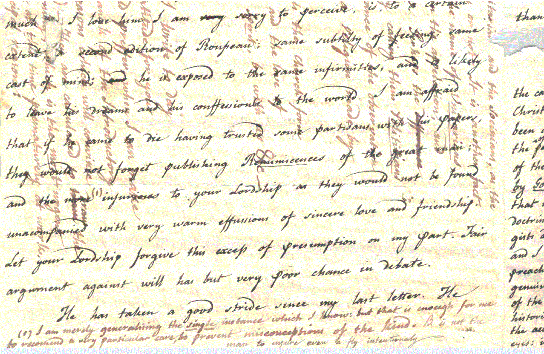 An undated letter from Clemente de Zulueta to Archbishop Whately, displaying an overlay of vertical writing explaining aspects of Unitarianism. RCB Library Ms 707/1/1/6.6