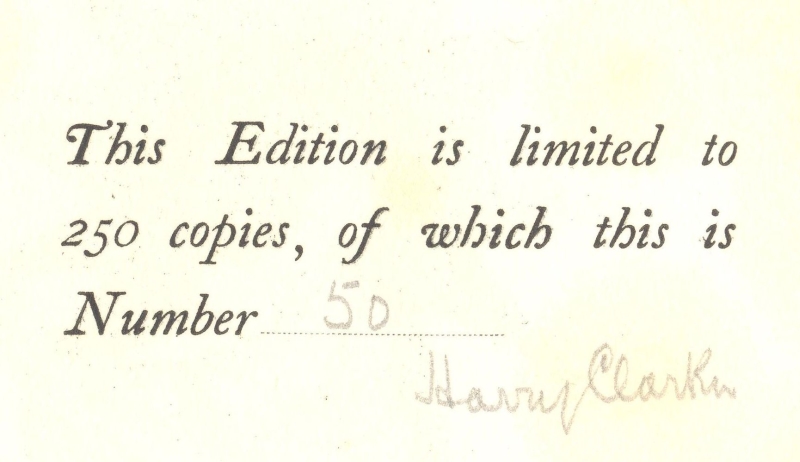 Edition information as displayed on the reverse half-title page, and signed by Harry Clarke, from "The Year's at the Spring", RCB Library Special Reserve Collection.