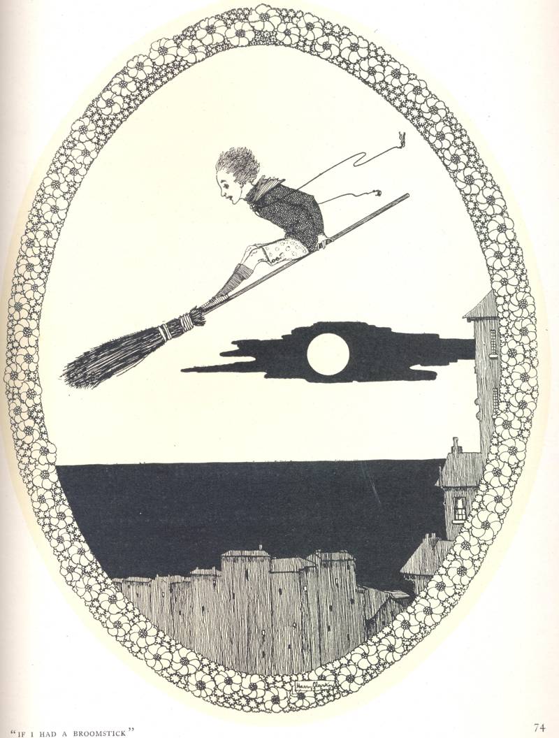 Illustration accompanying Patrick R. Chalmers' poem ‘If I Had a Broomstick', from “The Year's at the Spring”, RCB Library Special Reserve Collection.