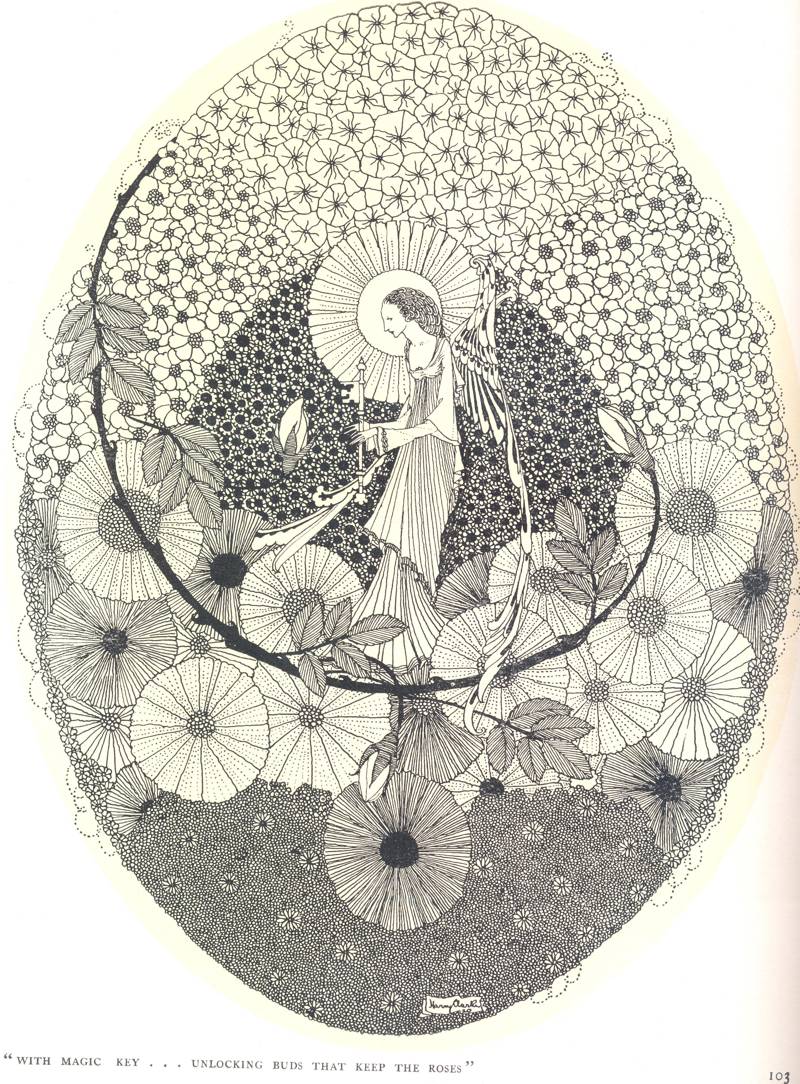 Illustration accompanying Margaret Mackenzie's ‘To the Coming Spring'. The quote reads: ‘with magic key … unlocking buds that keep the roses', from “The Year's at the Spring”, RCB Library Special Reserve Collection.
