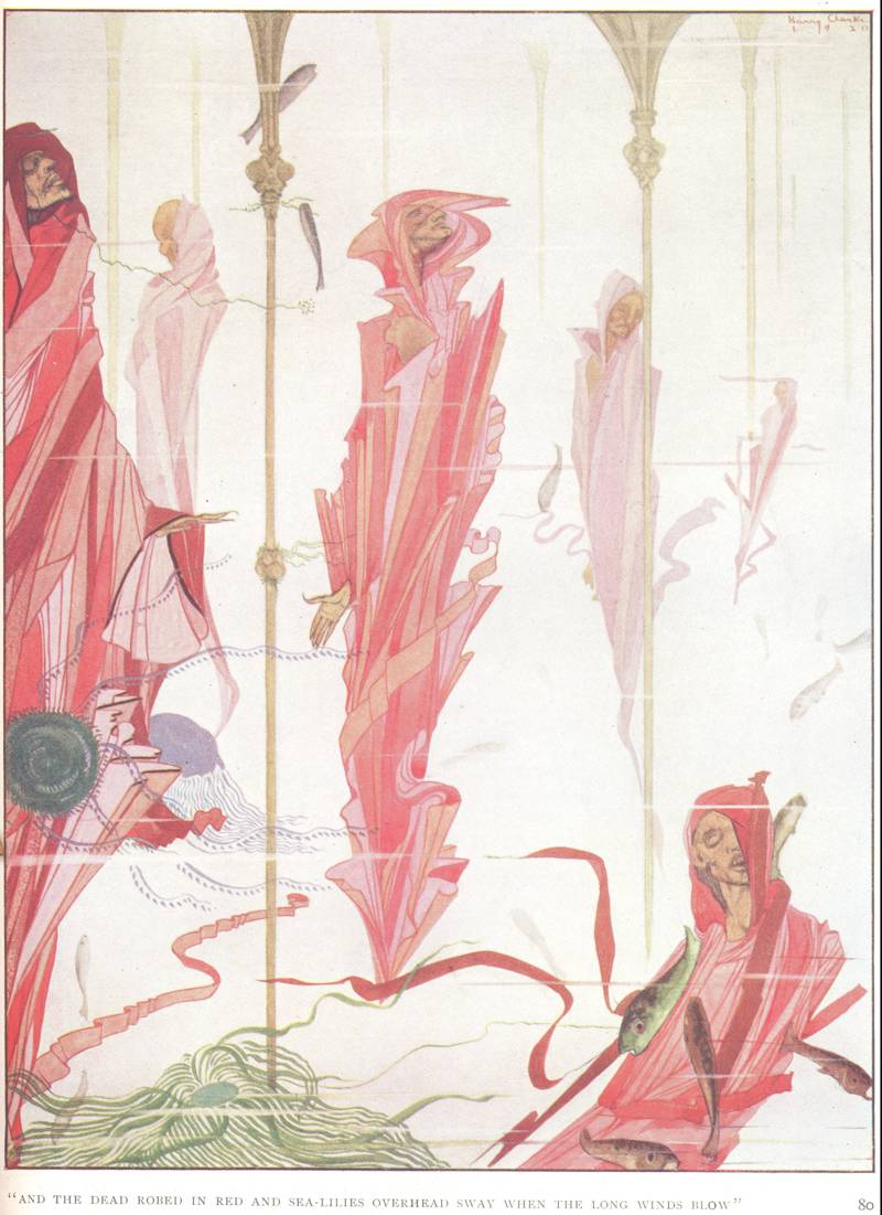 Illustration accompanying James Elroy Flecker's ‘The Dying Patriot'. Here Clarke has chosen to focus on the line ‘and the dead robed in red and sea-lilies overhead sway when the long winds blow', from “The Year's at the Spring”, RCB Library Special Reserve Collection.