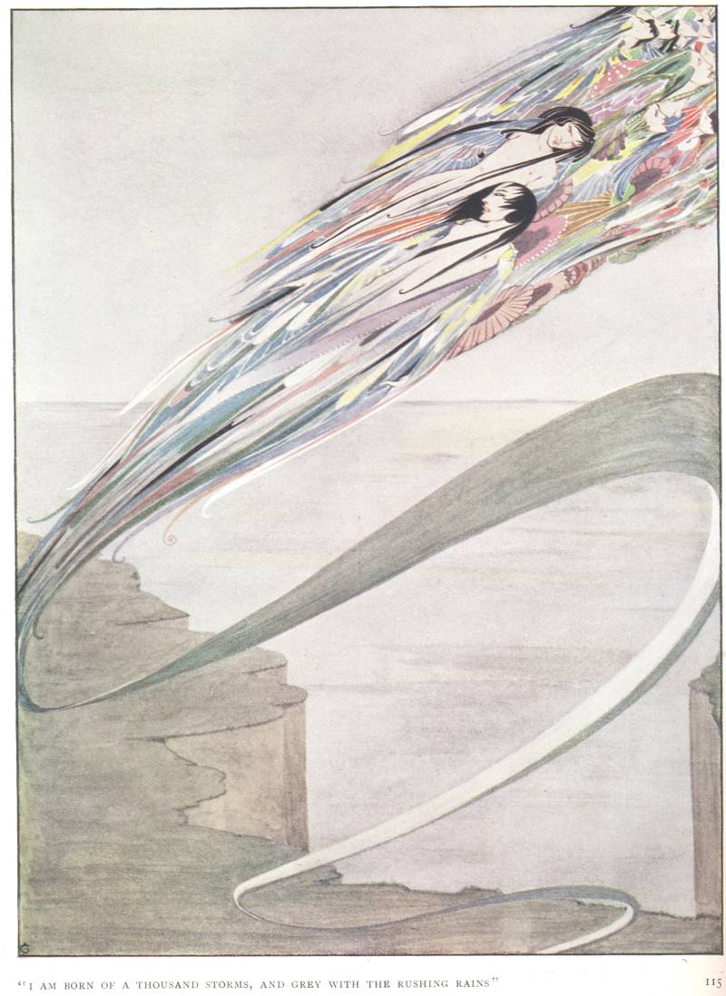Illustration accompanying L. D'O. Walters' ‘All is Spirit and Part of Me'. The quote reads ‘I am born of a thousand storms, and grey with the rushing rains', from “The Year's at the Spring”, RCB Library Special Reserve Collection.