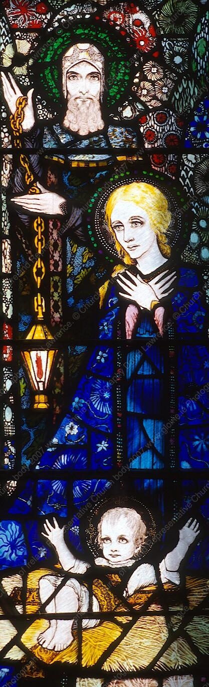 Detail of Harry Clarke's stained-glass illustration of the Adoration of the Magi (Nativity) in St Barrahane church, Castlehaven, County Cork, completed in 1918. Photographed by David Lawrence © Representative Church Body. Image from: www.gloine.ie